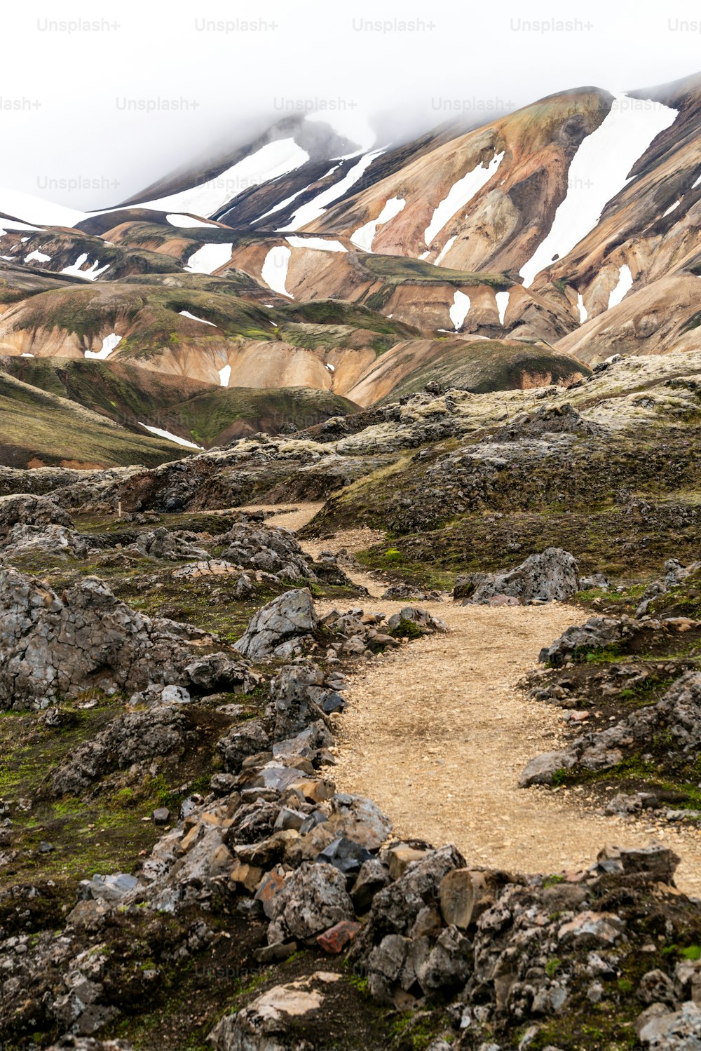 Landscape of Landmannalaugar surreal nature scenery in highland of Iceland, Nordic, Europe. Beautiful colorful snow mountain terrain famous for summer trekking adventure and outdoor walking.