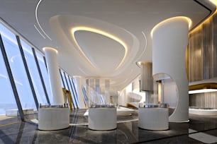 Render 3D del vestíbulo y la recepci�ón del hotel de lujo
