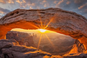 Famous sunrise at Mesa Arch in Canyonlands National Park near Moab, Utah, USA