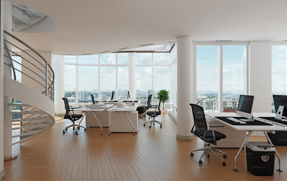 Interior de oficina contemporáneo. Concepto de diseño de renderizado 3D