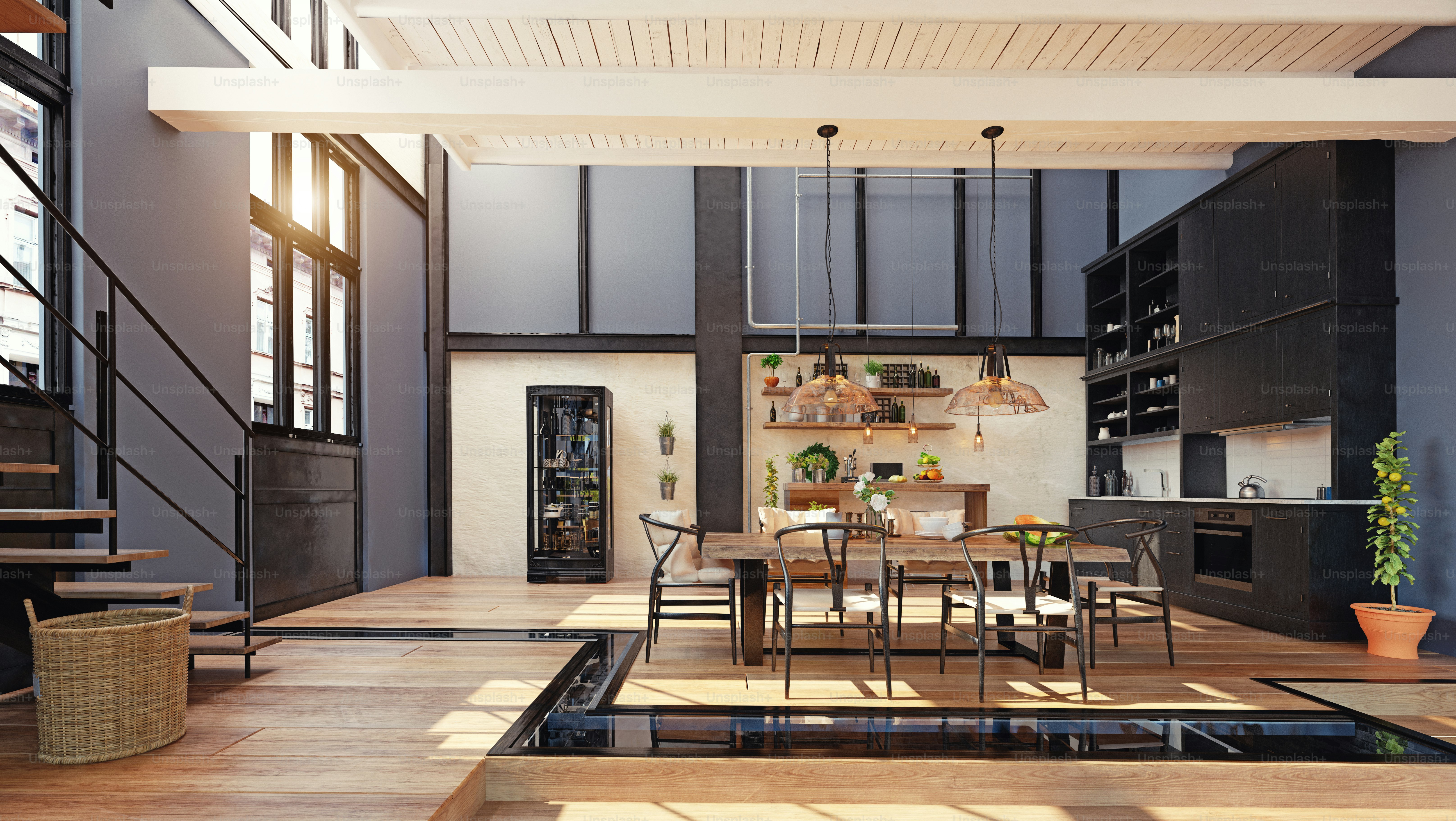 Modern domestic dining room interior. 3d rendering design concept photo ...