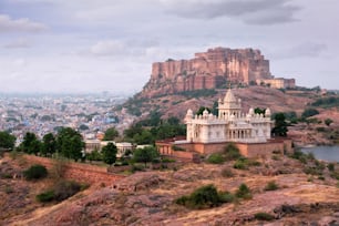 Tourist landmarks of Jodhpur - Jaswanth Thada mausoleum and Mehrangarh fort, Jodhpur, Rajasthan, India