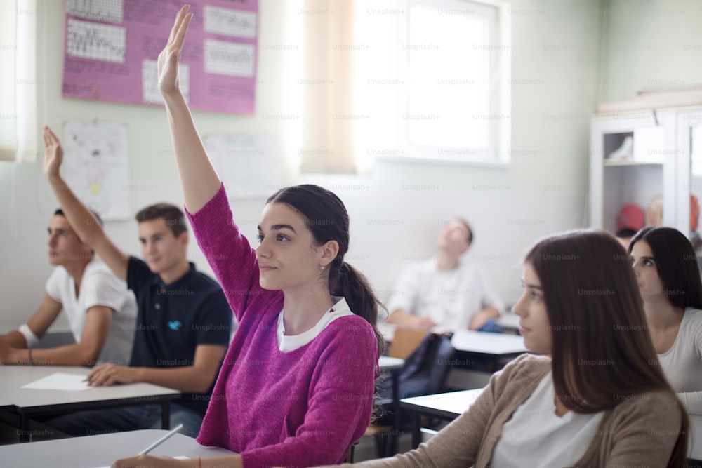 Smart students.  Teenagers students sitting in the classroom raise hands. Portrait of student girl.