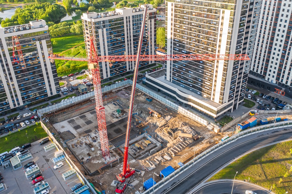 Construction of a high-rise building in the business district of the city, aerial view