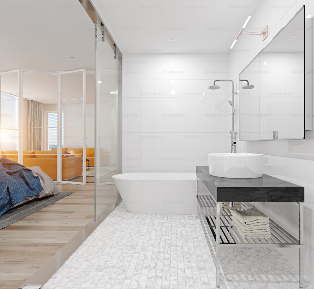 Baño moderno en el dormitorio. Concepto de renderizado 3D