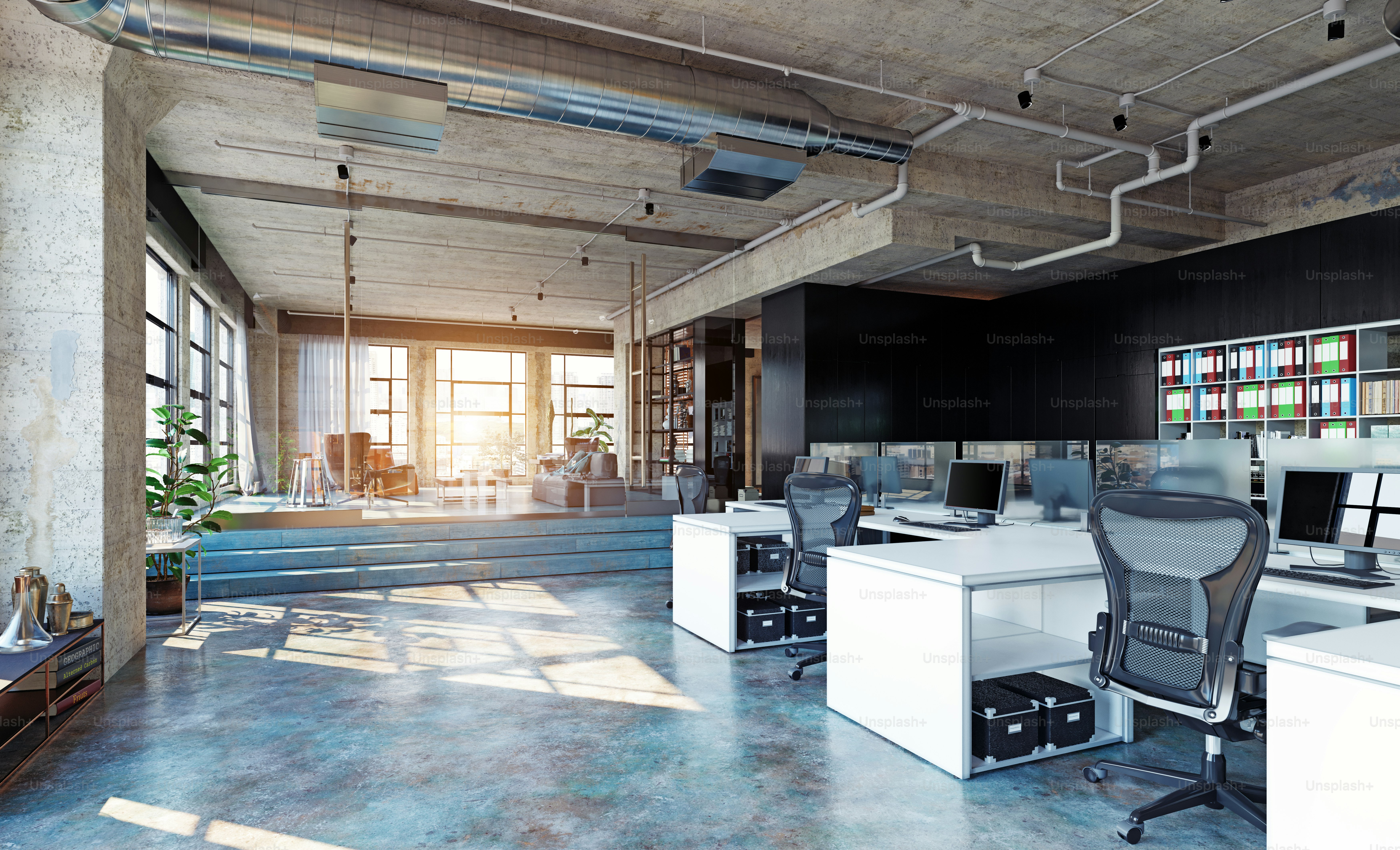 Modern loft office interior, 3d rendering business concept design photo ...