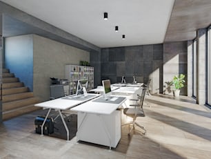 현대적인 사무실 인테리어. 3d 렌더링 디자인 개념