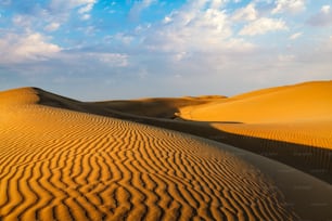 Dune di sabbia di Sam del deserto di Thar sotto un bellissimo cielo al tramonto. Rajasthan, India
