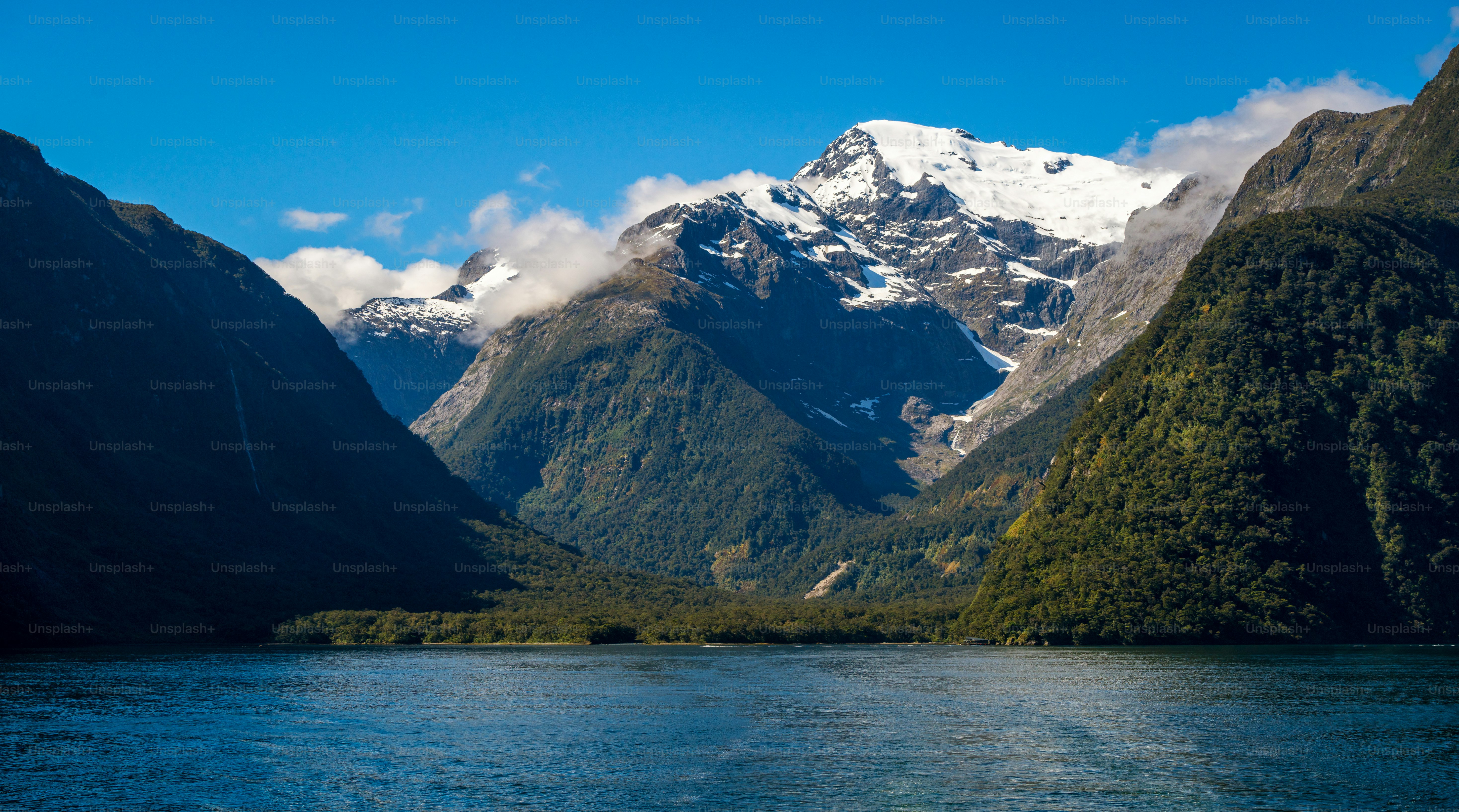 Seen- und Berglandschaft mit schneebedecktem Gipfel unter Sommersonne im Hintergrund des blauen Himmels. Gedreht im Milford Sound, Fiordland National Park, Südinsel Neuseelands.