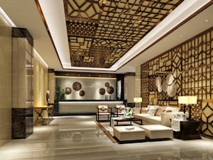 Render 3D del interior, vestíbulo y recepción de un hotel de lujo.