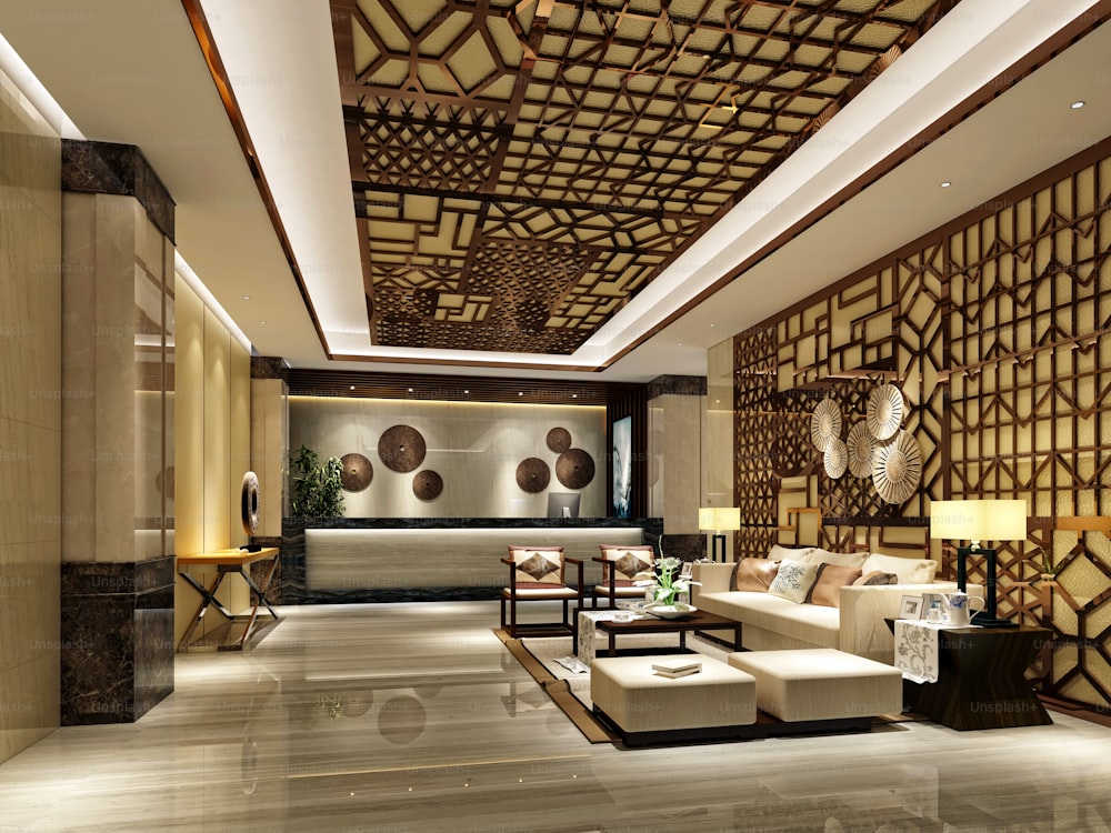 3d render of luxury hotel interior, lobby and reception.