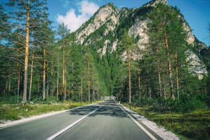 Beautiful mountain road with trees, forest and mountains in the backgrounds. Taken at state highway road of Dolomites mountain in Italy.