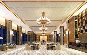 Renderizado 3D del vestíbulo de un hotel de lujo