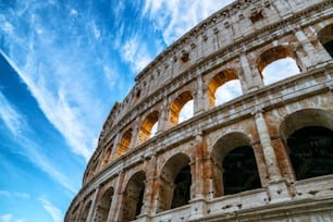 Close up view of Rome Colosseum in Rome , Italy . The Colosseum was built in the time of Ancient Rome in the city center. It is one of Rome most popular tourist attractions in Italy .