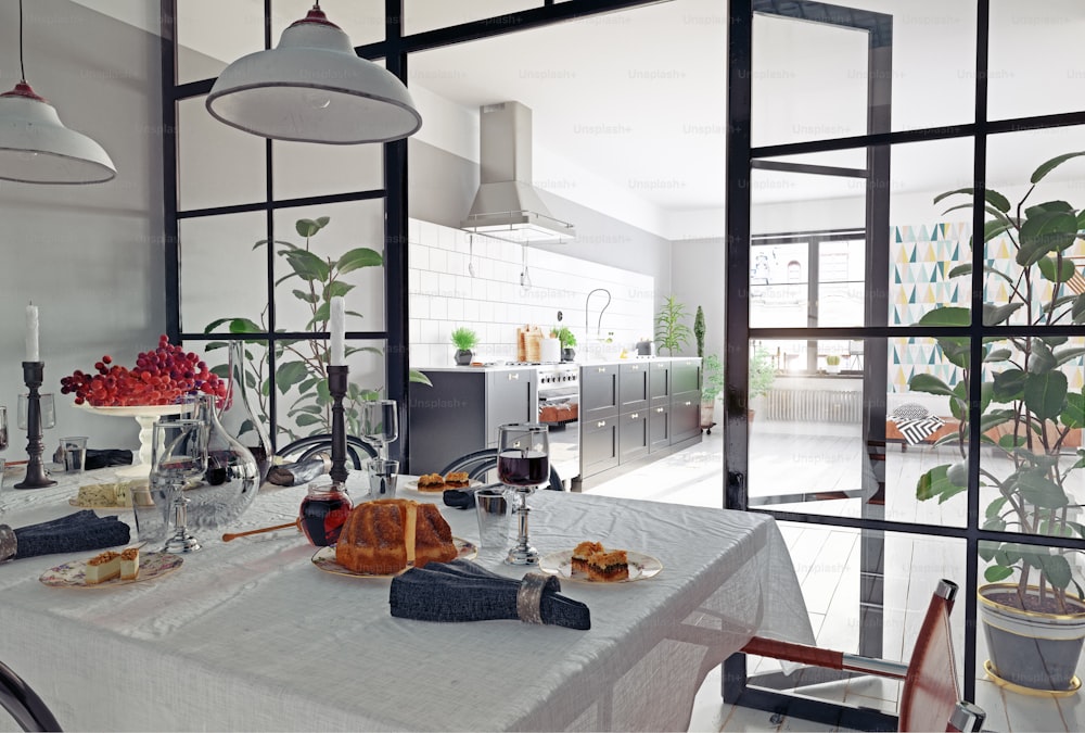 Modernes Kücheninterieur mit Glastrennwand. 3D-Rendering-Konzept