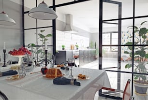 Intérieur de cuisine moderne avec cloison vitrée. Concept de rendu 3D