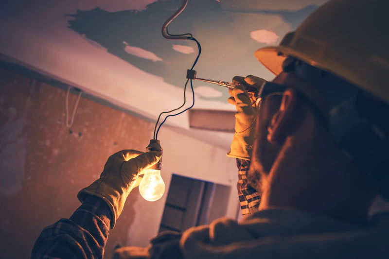 Electrician installing lighting fixture