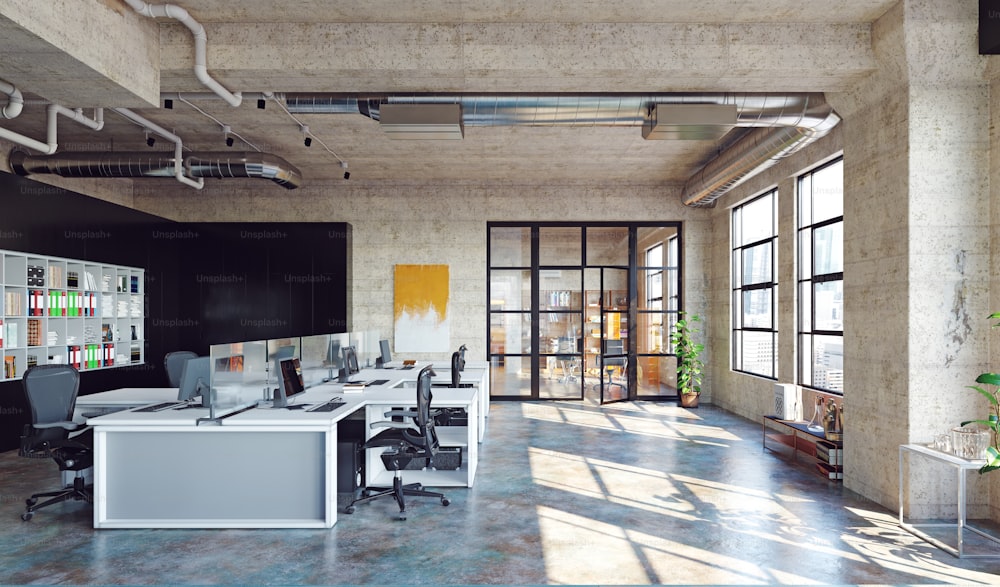 Interno moderno dell'ufficio del loft, progettazione del concetto di business di rendering 3D