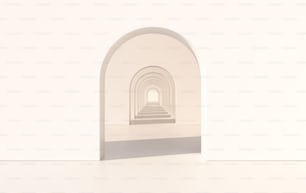 3Dレンダリング。アーチの廊下のシンプルな幾何学的な背景、建築の廊下、ポータル、空の壁の内側のアーチの柱。モダンミニマルなコンセプト