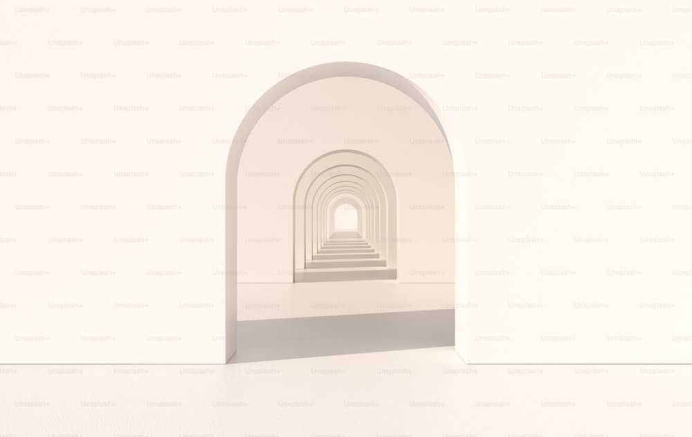 Rendu 3D. Couloir en arc fond géométrique simple, couloir architectural, portail, colonnes en arc à l’intérieur du mur vide. Concept minimaliste moderne