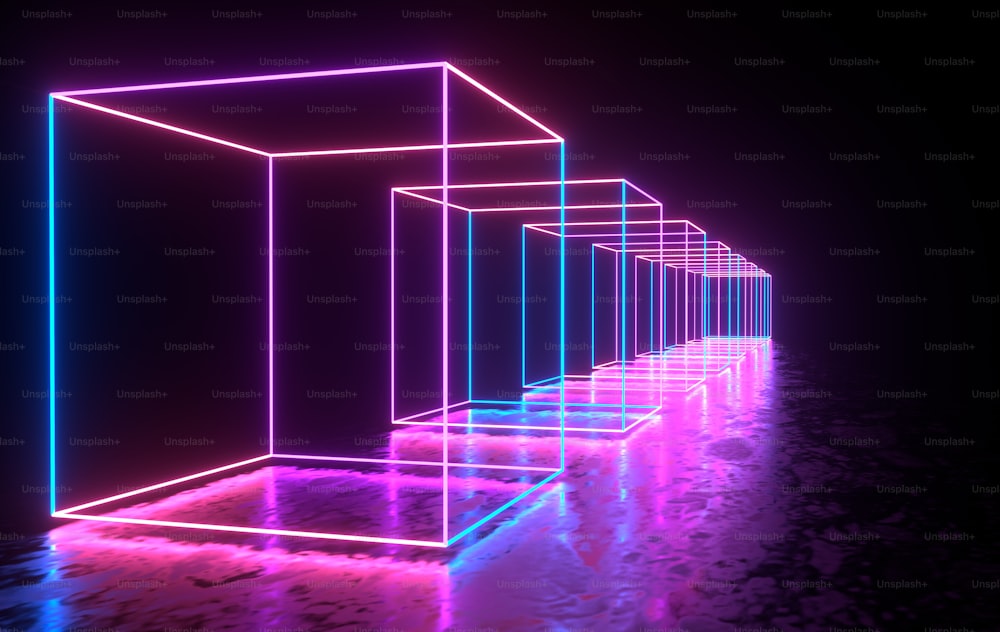 ネオンが光る未来的なSFコンクリートの部屋。バーチャルリアリティポータル、コンピュータビデオゲーム、鮮やかな色、レーザーエネルギー源。青、紫、ピンクのグラデーションネオンライト