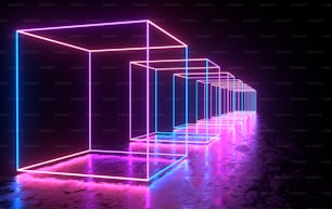 Futuristic sci-fi concrete room with glowing neon. Virtual reality portal, computer video games, vibrant colors, laser energy source. Blue, purple, pink gradient neon lights