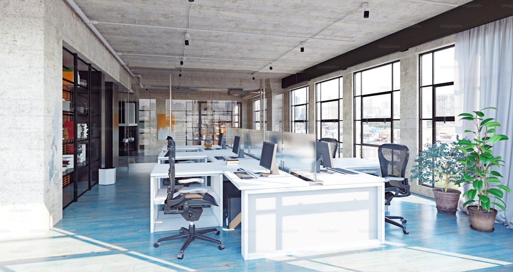 modern loft office interior, 3d rendering business concept design