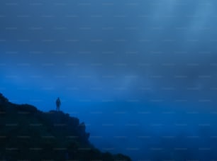 霧のかかった岩の上に立っている男。夕方の夜の時間帯