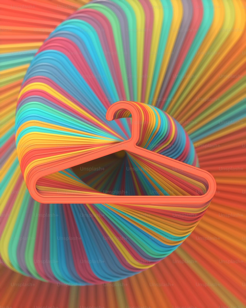 Modelo moderno com espiral torcida sem fim feita de cabides de plástico multicoloridos com um gradiente suave. Fundo moderno da moda. Estilo abstrato geométrico. Ilustração digital de renderização 3D