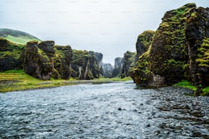 アイスランドのFjadrargljufurのユニークな風景。トップの観光地。フィヤドラルリュフール渓谷は、アイスランドの南東に位置する、深さ約100メートル、長さ約2キロメートルの巨大な峡谷です。