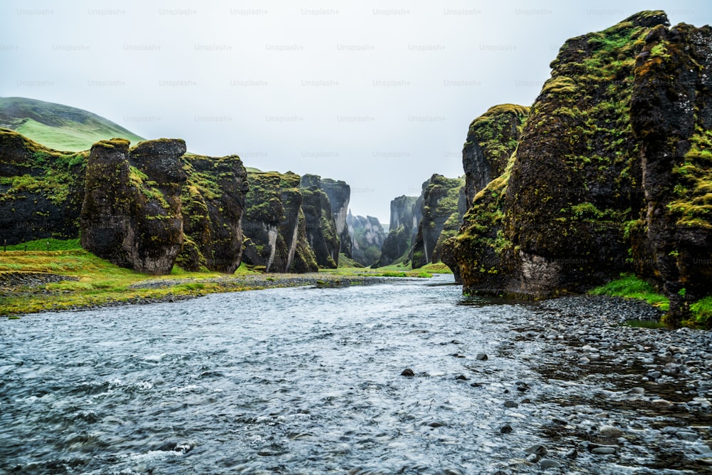 アイスランドのFjadrargljufurのユニークな風景。トップの観光地。フィヤドラルリュフール渓谷は、アイスランドの南東に位置する、深さ約100メートル、長さ約2キロメートルの巨大な峡谷です。