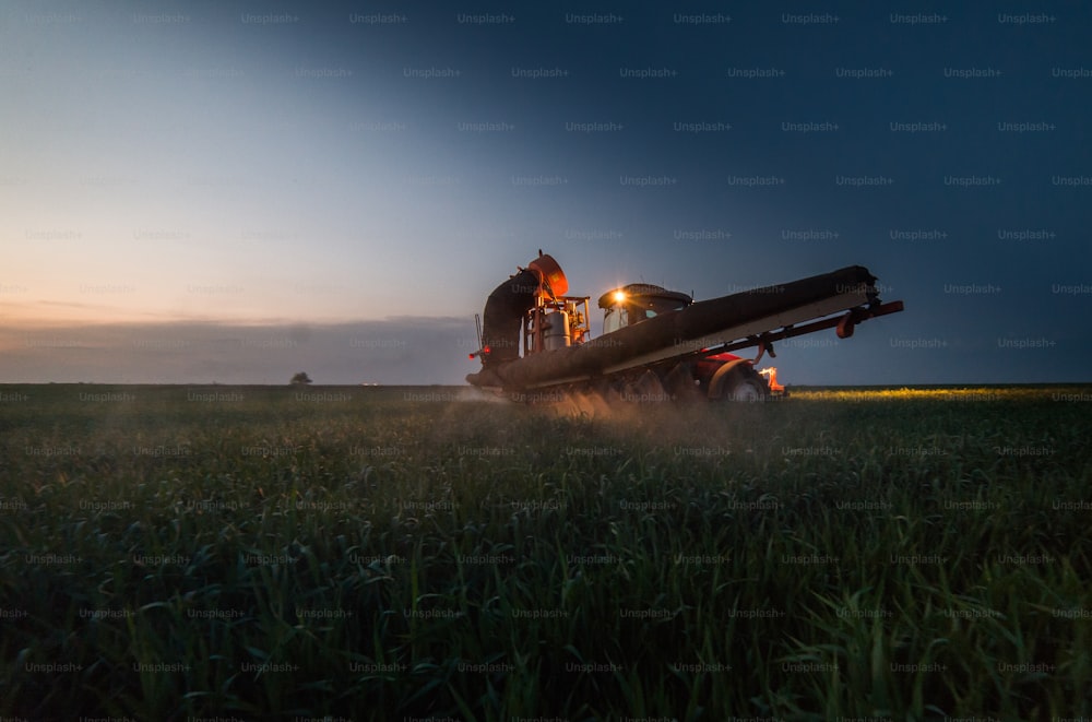 Trattore che spruzza pesticidi sul campo di grano con spruzzatore al tramonto