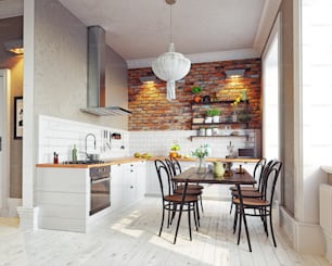 Modernes Kücheninterieur. Design im skandinavischen Stil. 3D-Rendering-Konzept