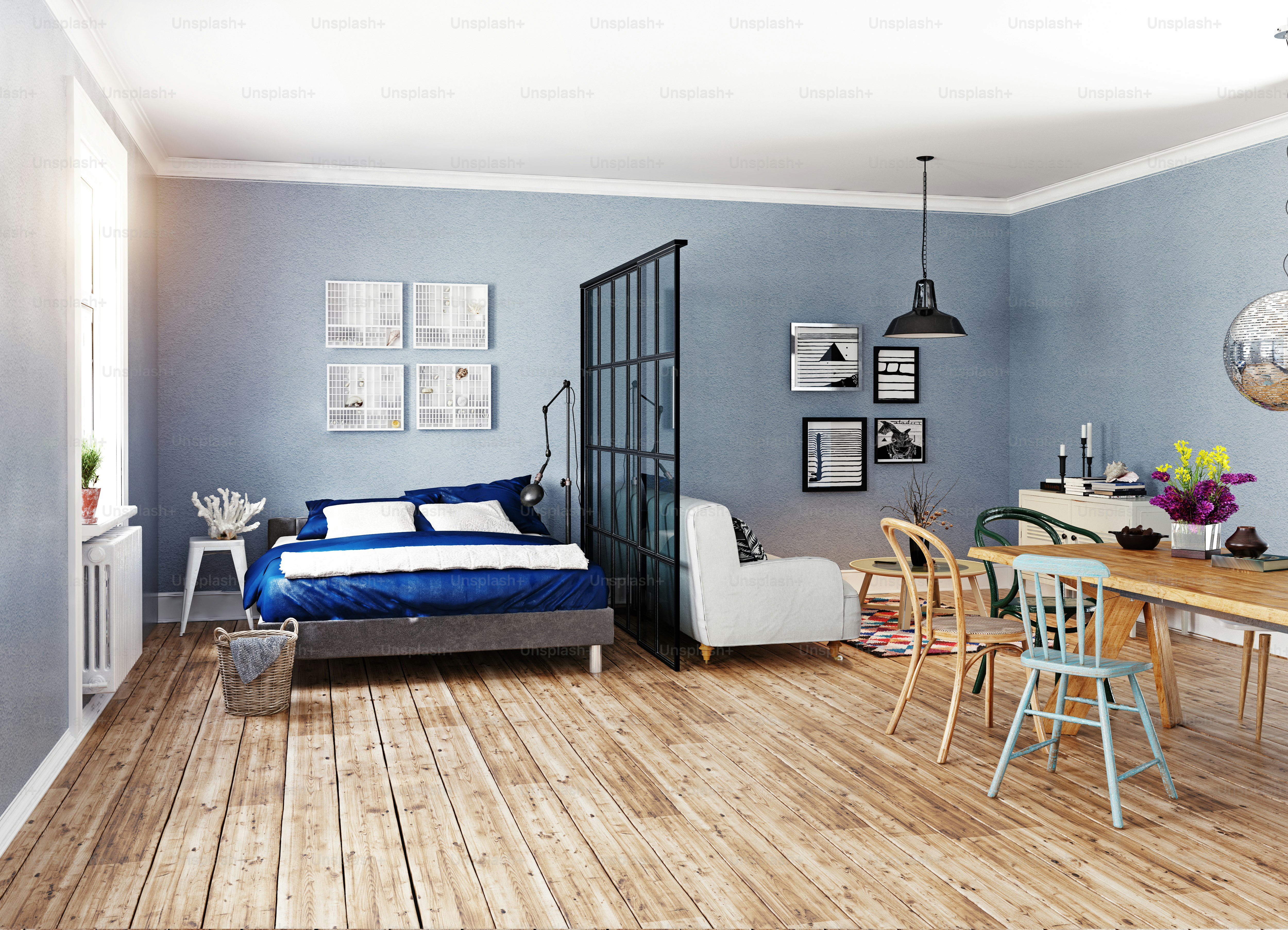 Moderne Wohnung. Skandinavischer Designstil. 3D-Rendering-Illustrationskonzept