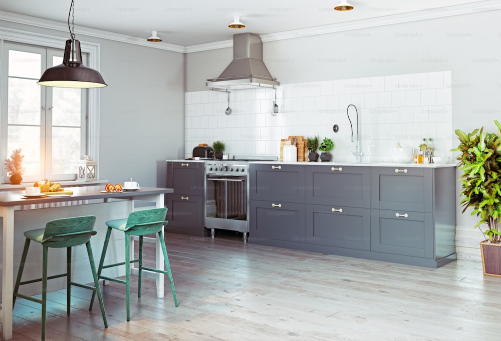 Interior de cocina moderna. Diseño de estilo escandinavo. Concepto de renderizado 3D