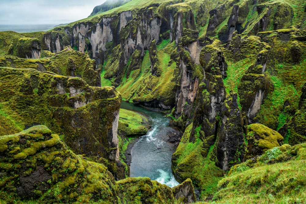 Unique landscape of Fjadrargljufur in Iceland. Top tourism destination. Fjadrargljufur Canyon is a massive canyon about 100 meters deep and about 2 kilometers long, located in South East of Iceland.