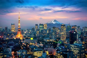 日本の富士山と東京の街並みの航空写真。