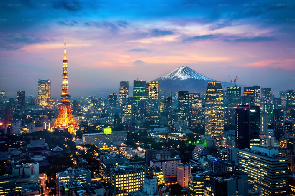 Luftaufnahme des Stadtbildes von Tokio mit Fuji Berg in Japan.