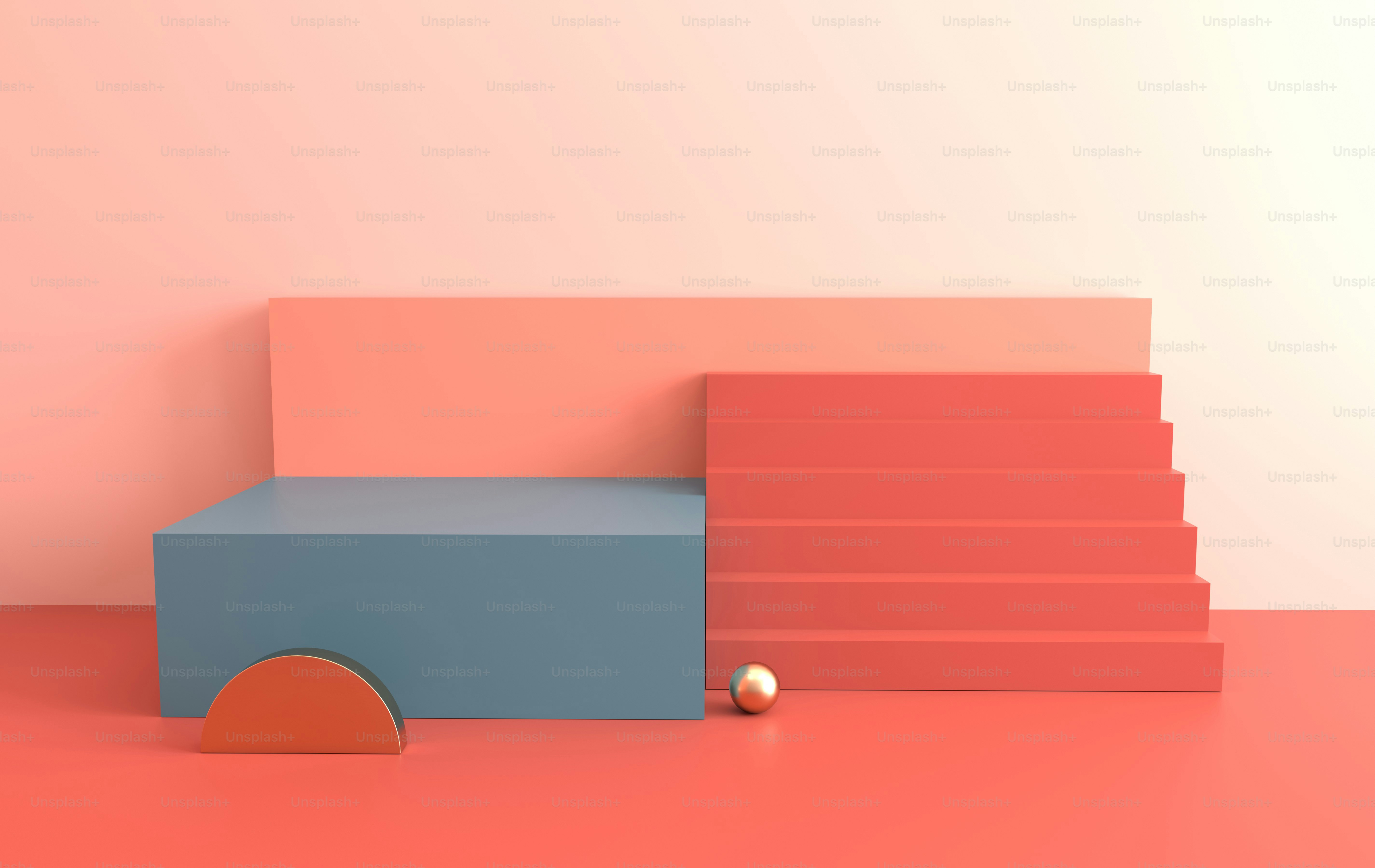 Interior renderizado en 3D con formas geométricas, podio en el suelo. Conjunto de plataformas, escaleras para la presentación del producto, fondo de maqueta. Composición abstracta en diseño minimalista. Colores pastel