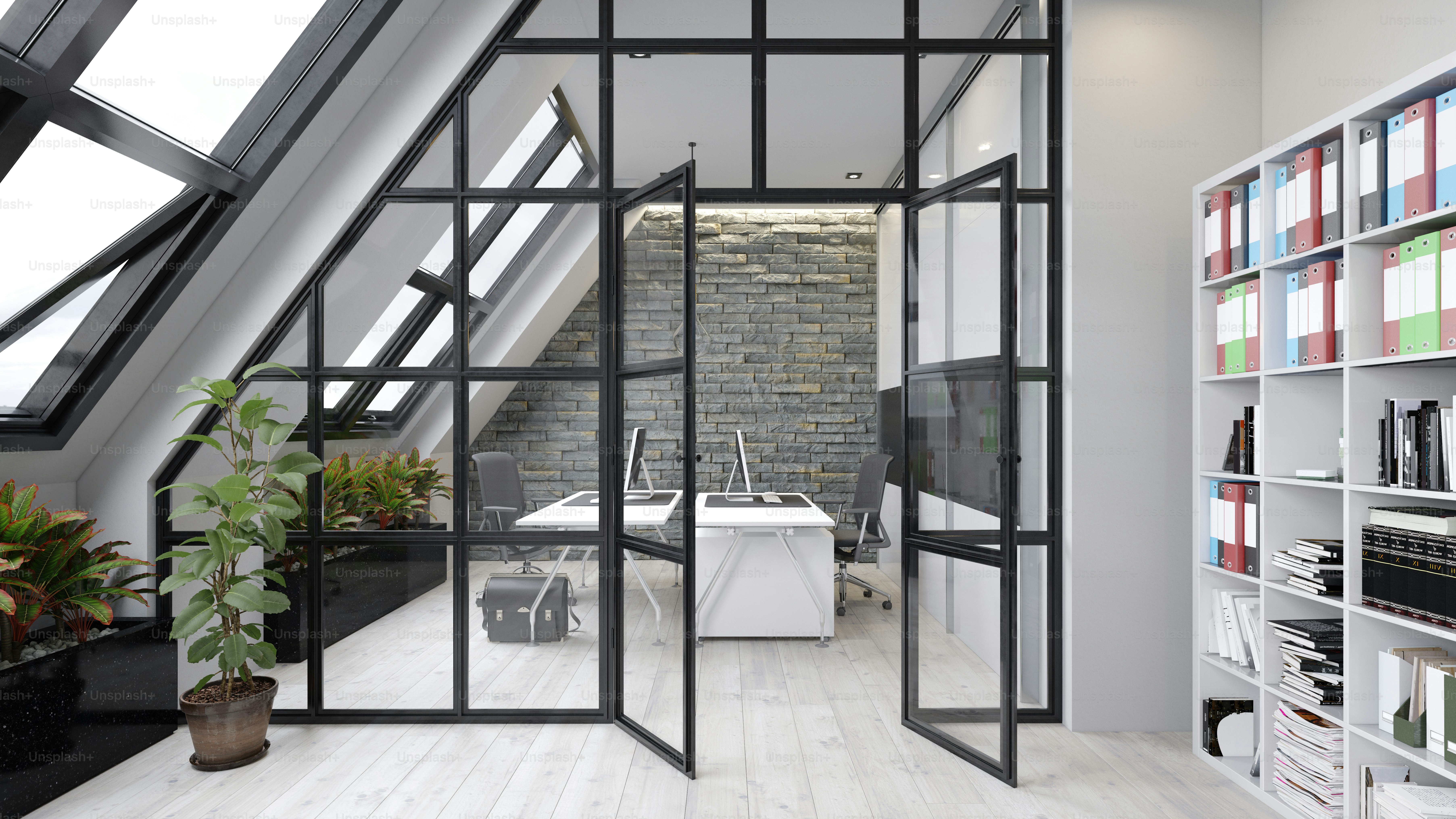 interni di uffici contemporanei. Concetto di progettazione del rendering 3D