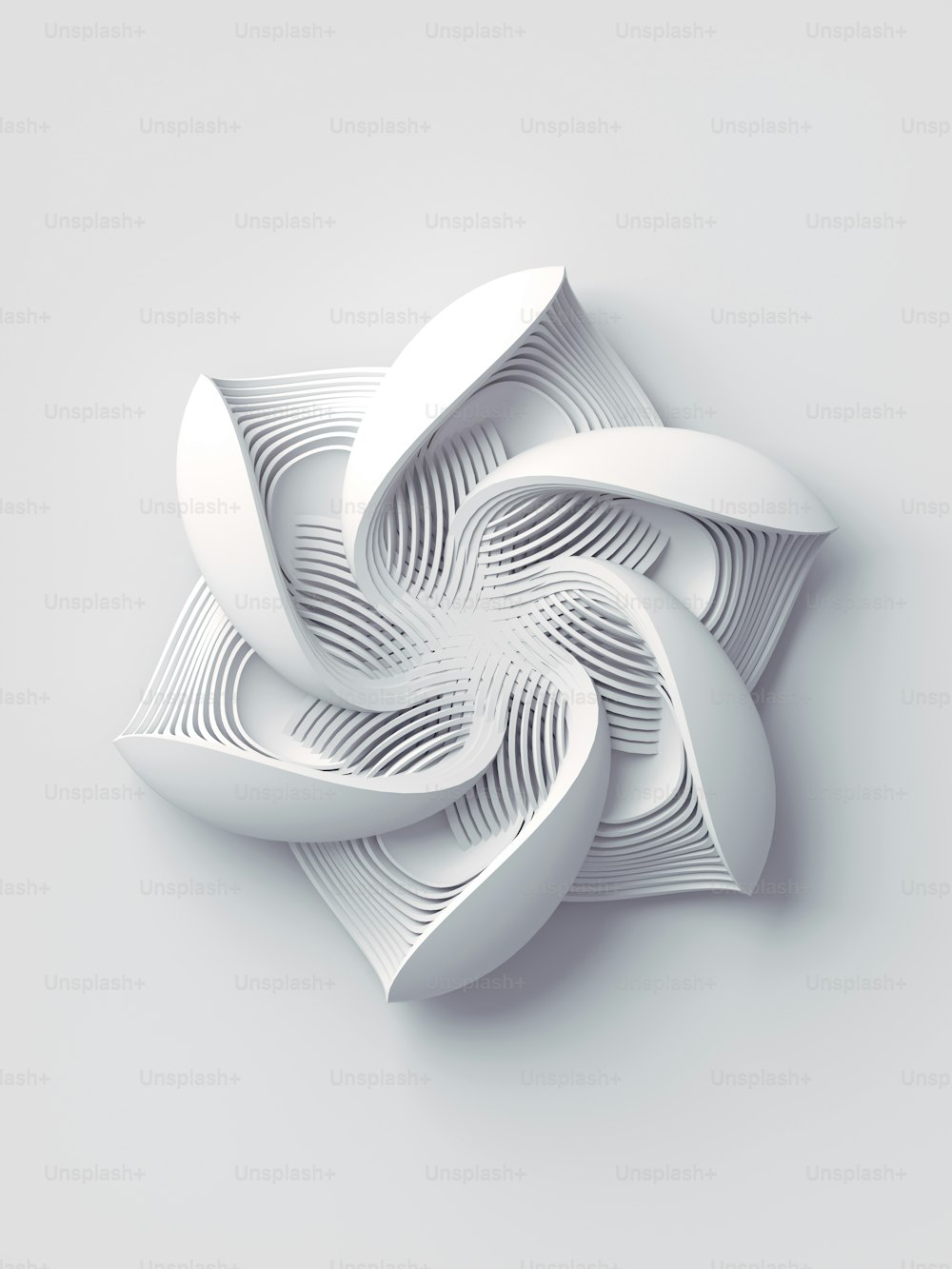 흰색 기하학적 양식화된 꽃 추상 3d 렌더링 예술 배경. 트렌디한 디자인 요소. 현대 최소한의 패션 개념입니다. 디지털 일러스트레이션
