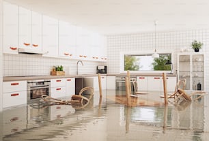 モダンなキッチンの洪水。3Dレンダリングのコンセプトクリエイティブなアイデア