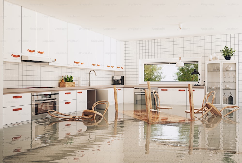 현대 부엌의 홍수. 3d 렌더링 개념 창의적인 아이디어