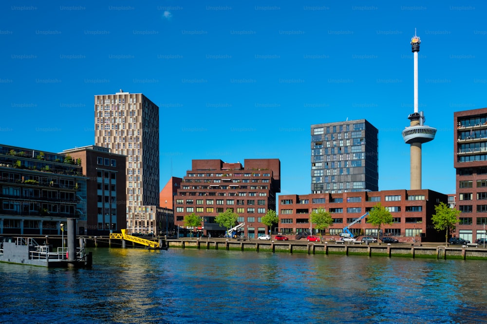 Paesaggio urbano di Rotterdam con la torre di osservazione Euromast e il fiume Nieuwe Maas. Rotterdam, Paesi Bassi