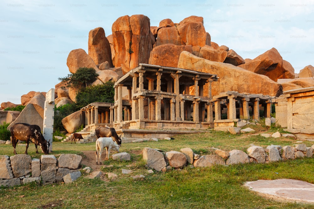 Ancient Vijayanagara Empire civilization ruins of Hampi now famous tourist attraction. Sule Bazaar, Hampi, Karnataka, India