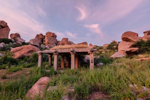 Ancient ruins in Hampi on sunset. Above Hampi Bazaar, Hampi, Karnataka, India