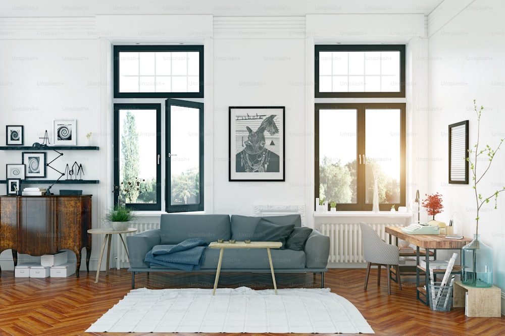 modern scandinavian style living room interior design. 3d illustration concept