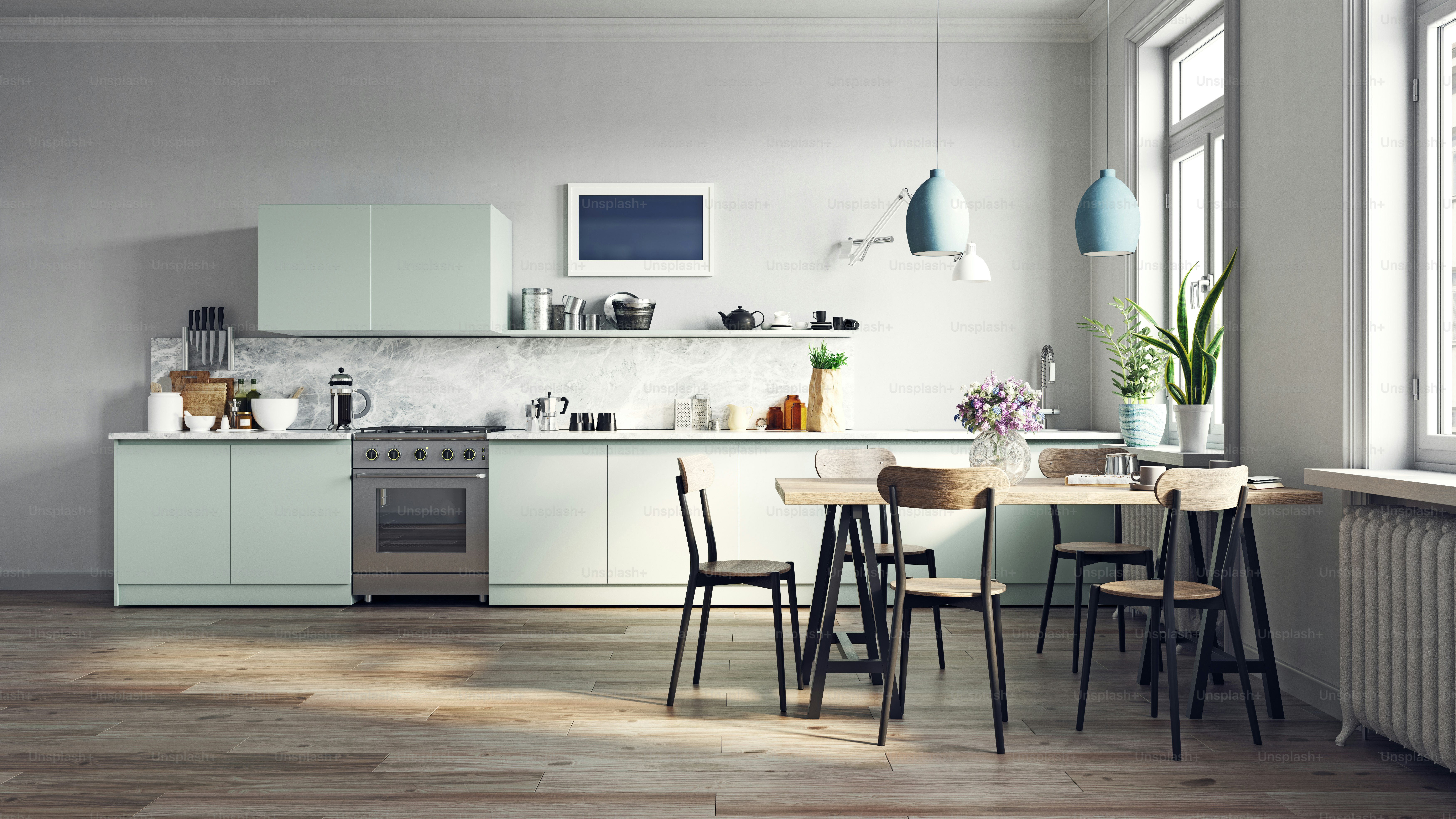 Modern kitchen interior. 3d rendering design concept photo – Kitchen ...