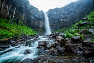 Svartifoss es una cascada de rocas volcánicas única en Islandia. Se encuentra en Skaftafell, en el parque nacional de Vatnajökull, en el sur de Islandia. La cascada atrae a los turistas a visitar el sur de Islandia.