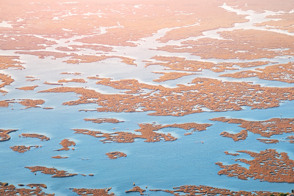 Scenic aerial view of Iztuzu beach and the Dalyan river Delta. Marvellous seaside and unique coastal landscape. Narrow angle of view due to the use of a telephoto lens